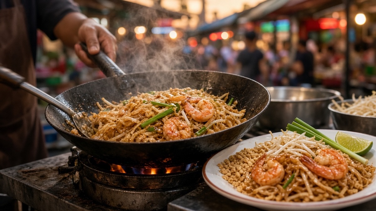 Bangkok’ta bir sokak tezgâhında hazırlanan pad thai
