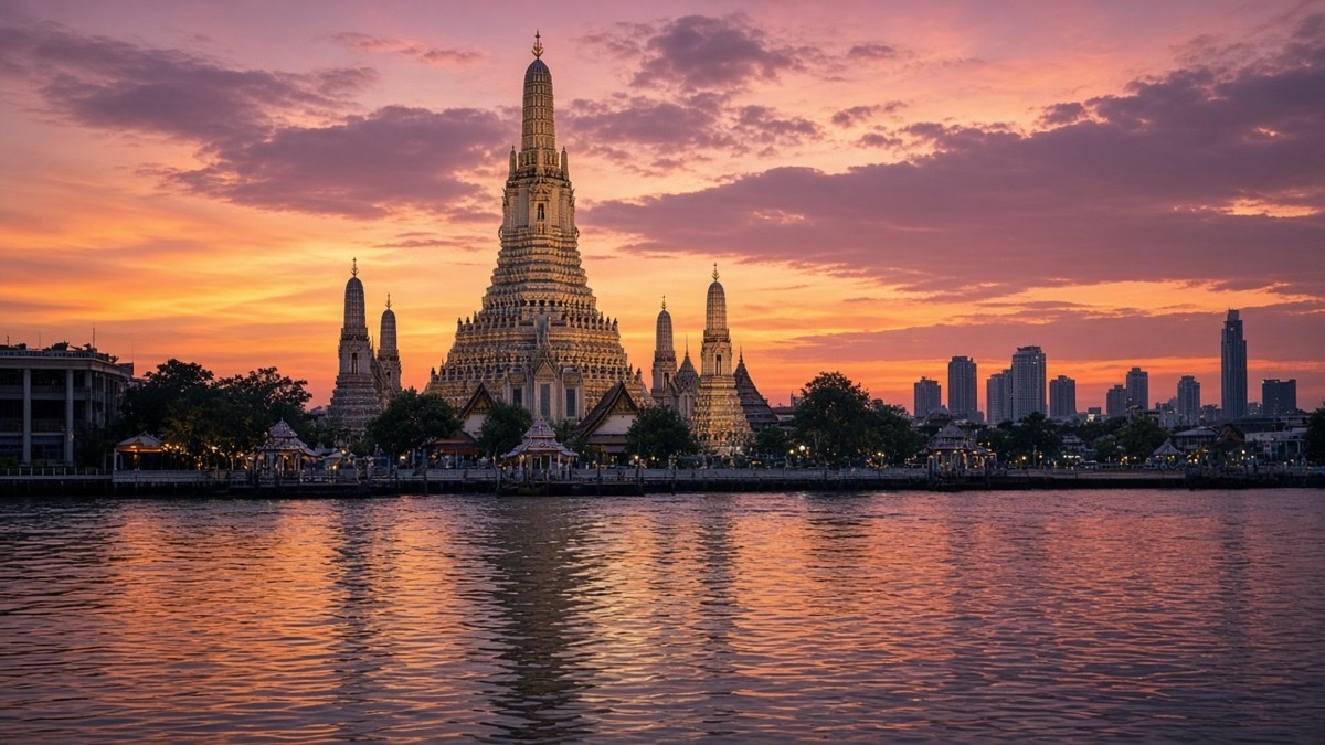Bangkok’ta Wat Arun tapınağı, Chao Phraya Nehri üzerinde gün batımı