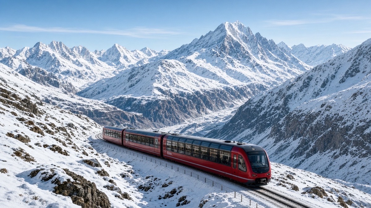 Karla kaplı İsviçre Alpleri’nde ilerleyen kırmızı Bernina Express treni