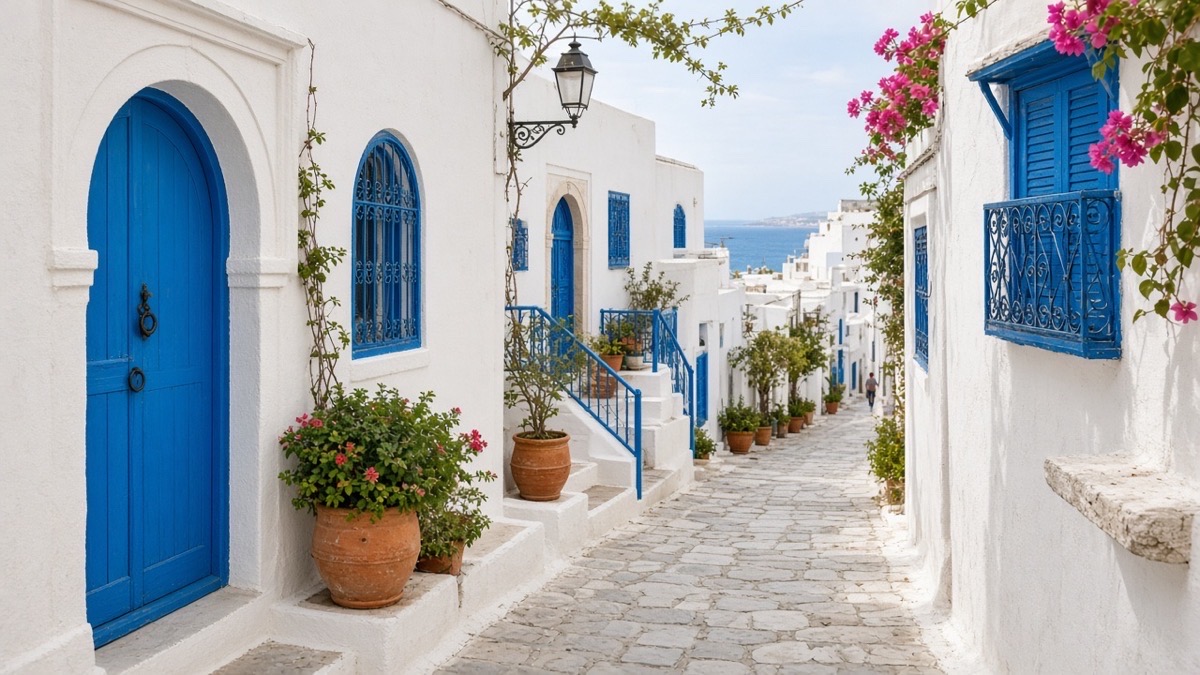 Tunus Sidi Bou Said’de mavi kapılı beyaz evler ve dar sokak