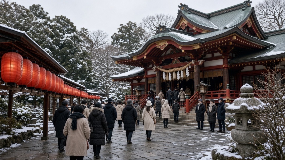 Japonya’da yeni yıl döneminde tapınak ziyareti yapan ziyaretçiler ve fenerler