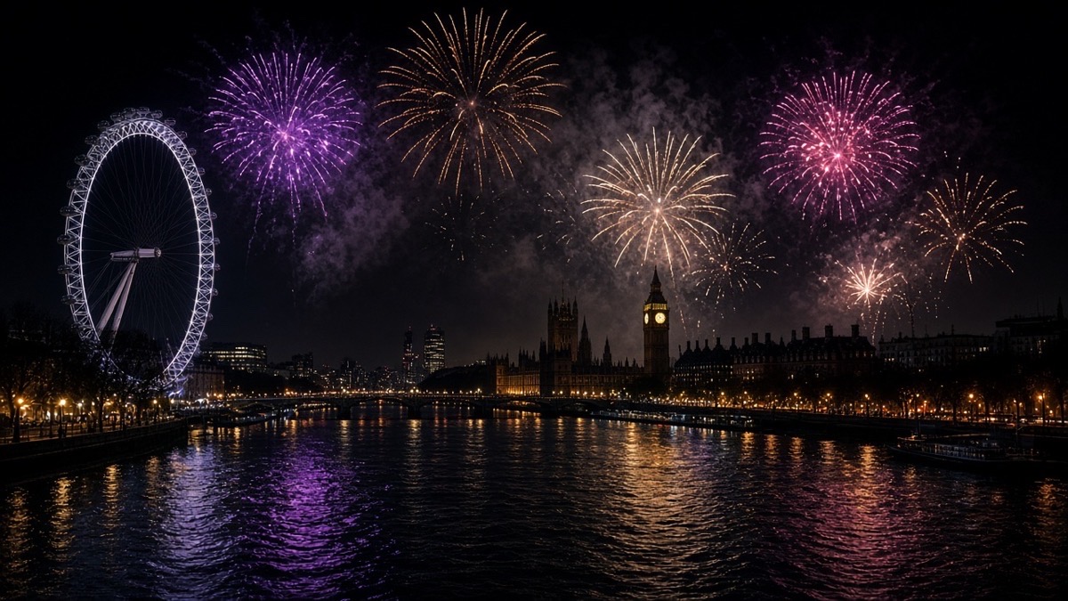 Yılbaşı gecesi Londra’da London Eye ve Thames Nehri üzerinde havai fişek gösterisi